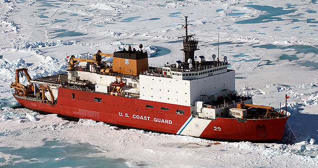 Coast Guard Icebreaker Healy breaking lake ice.