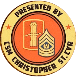 This picture shows a coin the author had made to present to Soldiers. It features the 197th Field Artillery patch consisting of five arrows joined together representing each of the original five counties in New Hampshire, and the rank insignia of Command Sergeant Major.